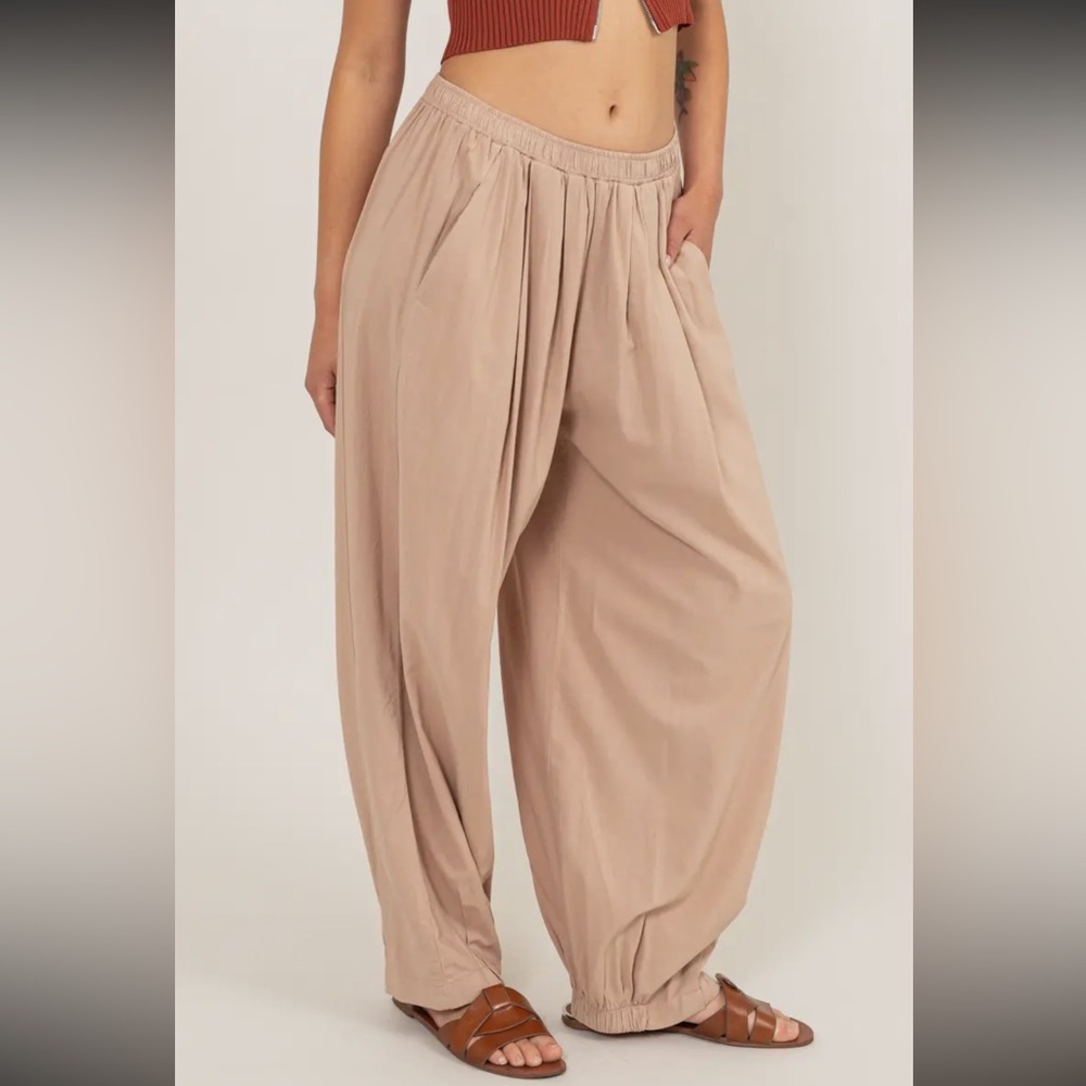 TAN Mid Rise Wide Leg Slouchy Pants
